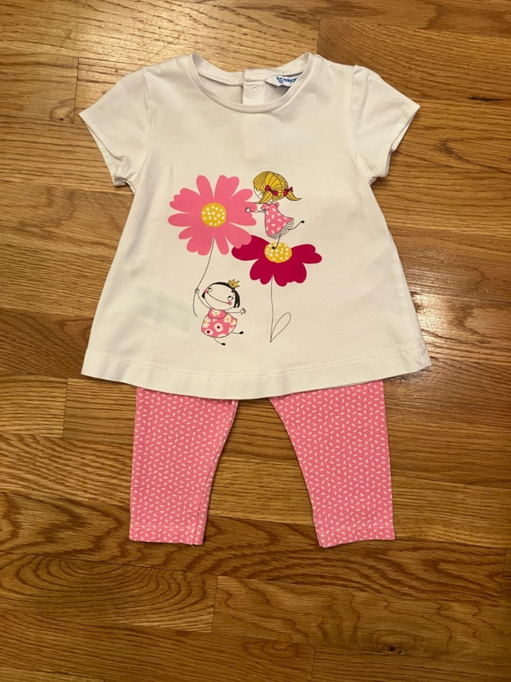 Mayoral 6 month baby White Top with Pink Floral Graphic & Pink Leggings Set